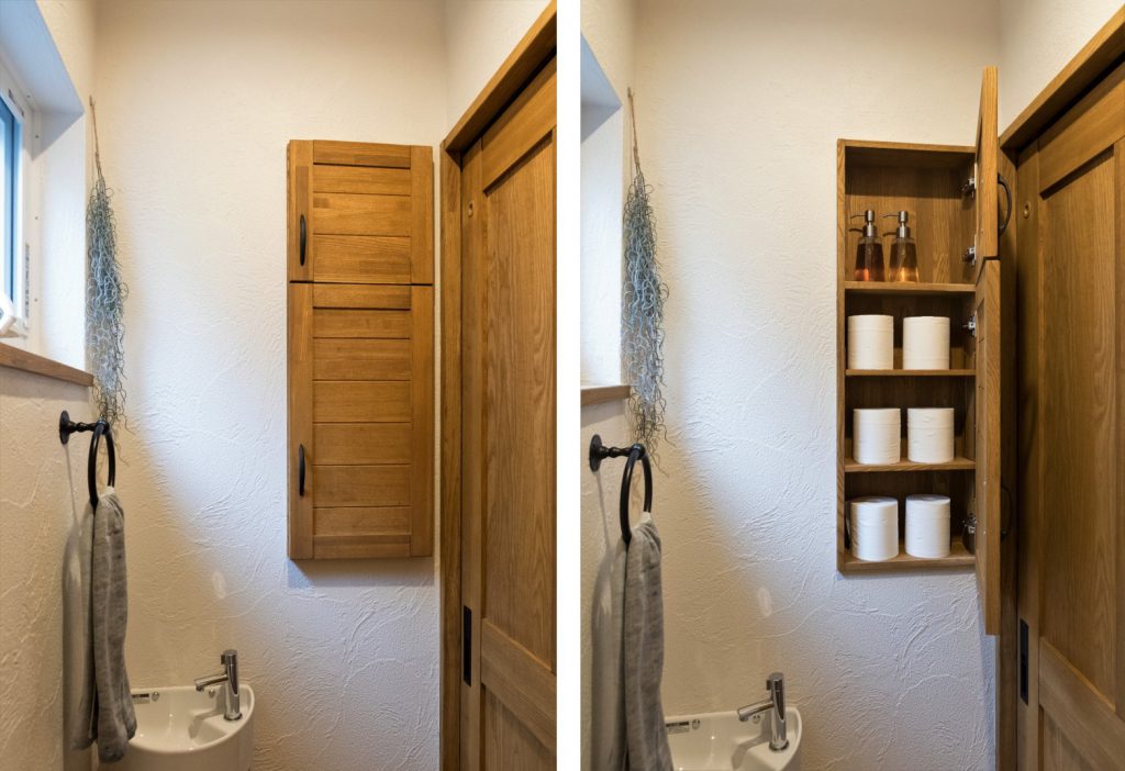 トイレに無垢収納を 今 壁厚 埋込 収納が人気です Lohas Material Blog